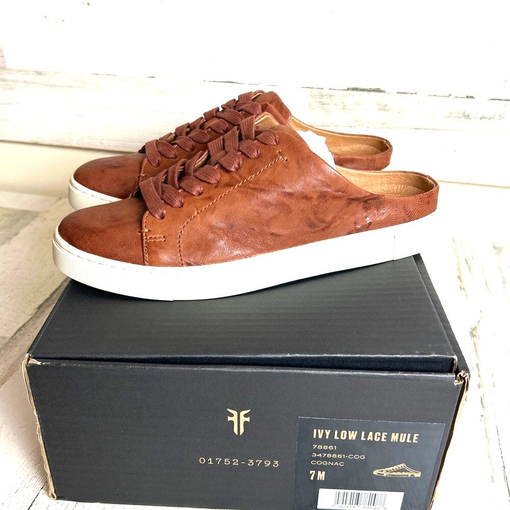 Frye Womens 7 Brown Conac Ivy Low Lace Leather Mule Slip On Sneakers NWT